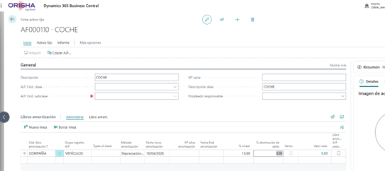 Ficha de activo fijo en Microsoft Dynamics 365 Business Central